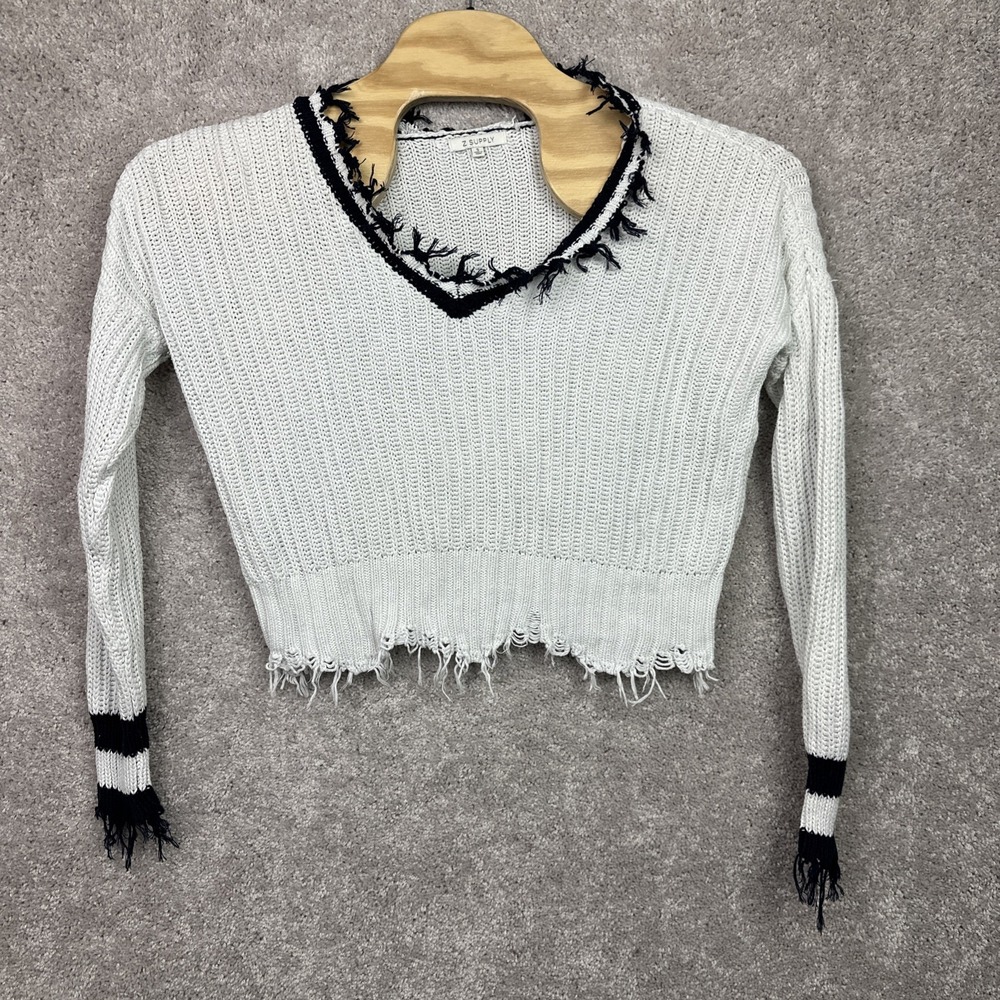 Z Supply White Navy Luna Varsity V Neck Pullover Cotton Sweater Size Small